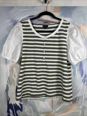 Talbots Petite Olive Green White Striped Top Puff Sleeve Button Front Medium/ P